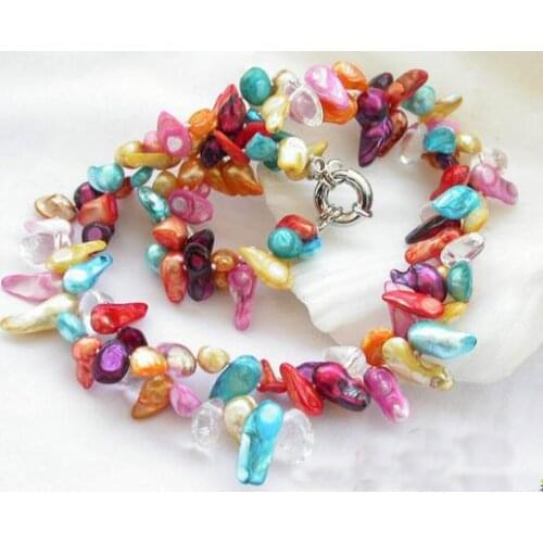 Unique Pearls jewellery Store 2rows Yellow Red Blue Biwa Pearl Crystal Beads Baroque Genuine Pearl Necklace Charming Women Gift