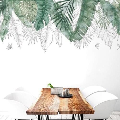 Fresh Natural Green Tropical Raffia Tree Leaves Wall Sticker Vinyl Diy Mural Art Sticker For Living Room Bedroom Wall Decals