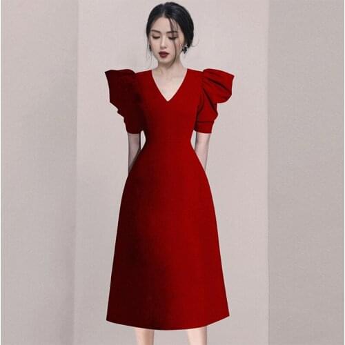 Vintage Dresses 2021 Summer Womens Fashion V-Neck Puff Sleeve Office Work OL High Waist Slim Party Midi Dress Vestidos