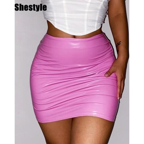 Shestyle Sheath Skirts Women Pu Leather Back Zipper Sexy Clubwear Push Up Pink Black Bottom Vestidos Bodycon Miniskirt Hot Girls