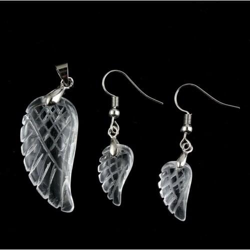 YJXP Jewelry Sets Silver Plated Natural Rock Crystal Clear Quartzs Angel Wing Pendant and Drop Earrings for Women Charms Gift