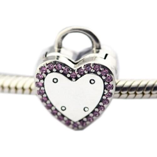 Lock Your Promise Clip Beads for Silver 925 Original Charms Bracelets Jewelry DIY Pink CZ Crystal Heart Beads for Jewelry Making