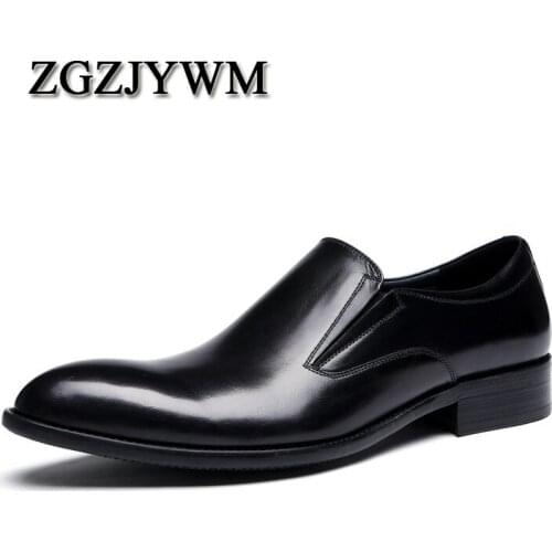 ZGZJYWM New Breathable Black/Brown Loafers Dress Genuine Leather Slip-On Pointed Toe Wedding Casual Business Wedding Shoes