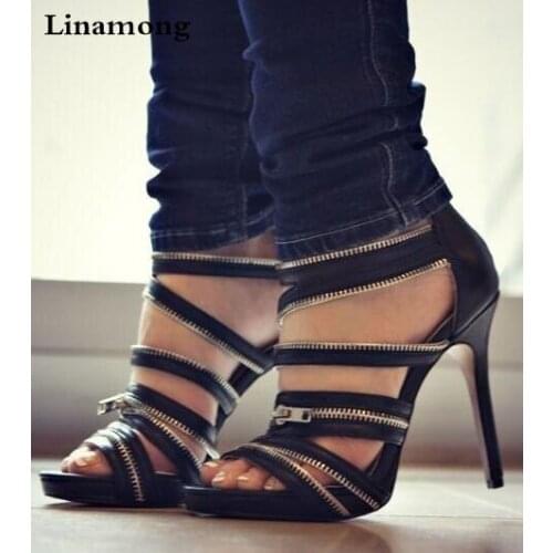 Drop Shipping Sexy Summer Women Black Orange Gold Zip Chains Zip Back Open Toe Bands Stiletto Heels Party Sandals Shoes Lady