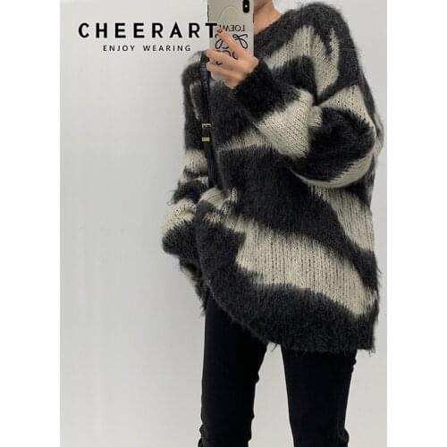 CHEERART Mohair Striped Oversized Sweater Pullover Women Winter 2020 Long Loose Knitted Sweater Korean Fashion Clothing