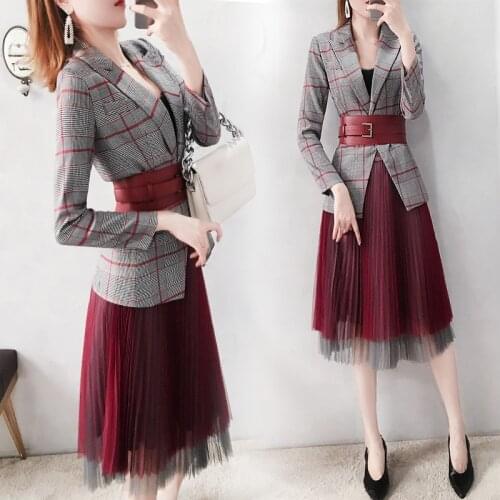 New 2019 Spring Womens Skirt Suits Office lady OL style Bandage Blazer jacket + Mesh Pleated Skirt Suit Elegant Two Piece Set