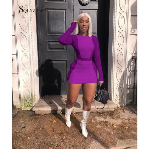 Autumn Long Sleeve Tops Patchwork Mini Skirt Set Purple Black White Two Piece Set Sexy Skinny Women Tracksuit Night Club Outfits