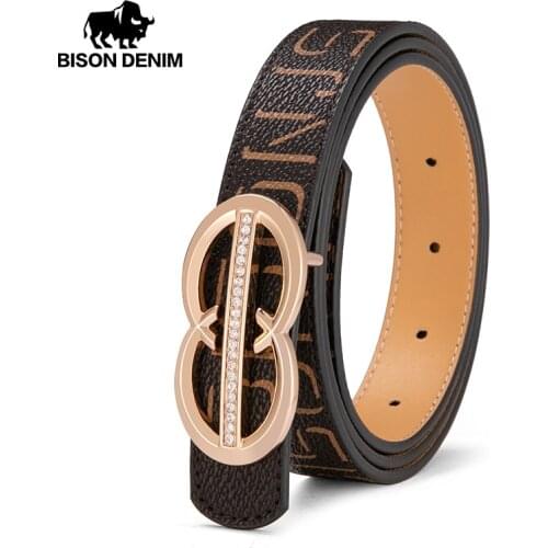 BISON DENIM Genuine Leathre Pin Buckle Women Belt Luxury Designer Belts Jeans Decorative Female Dress Thin Waist Strap N60269
