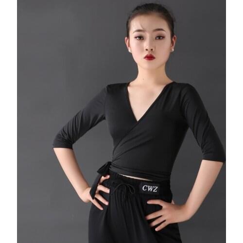 Women Latin Dance Practice Wear Black Tops Bandage Lace-Up Tops Adult Latin Dance Costume Samba Salsa Rumba Dance Wear BL5279