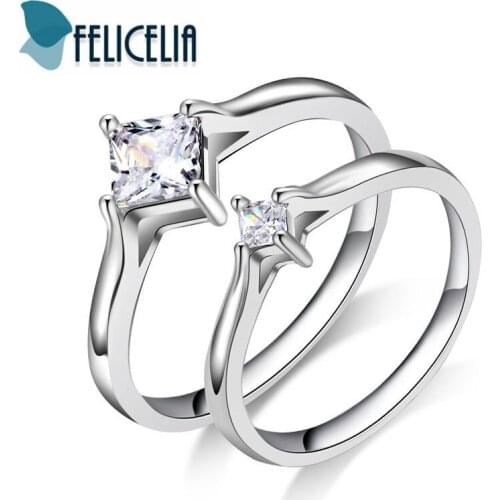 Felicelia Silver Color CZ Cubic Zirconia Wedding Ring For Men Women Romantic Couple Rings Promise Jewelry Anniversary Gift