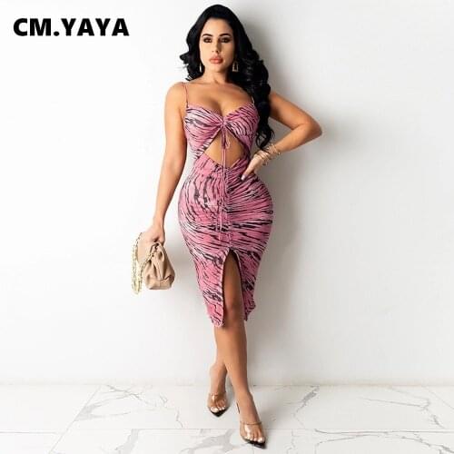 CM.YAYA Women Dress Print Sleeveless Strap Shirring Drawstring Strechy Bodycon Midi Dresses Sexy Night Clubwear Summer Outfits