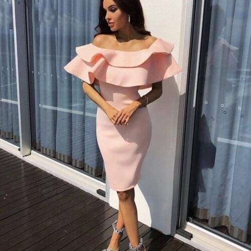Hot Sale Sheath Pink Prom Dresses Off the Shoulder Ruched Ruffles Knee Length Cheap Cocktail Dresses Stretchy Short Party Gown