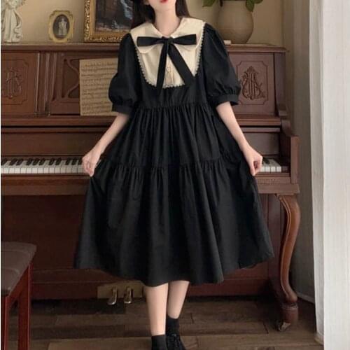 Vintage Dress Women Summer 2021 Elegant Kawaii Maxi Dresses Girl Sweet Cute Puff Sleeve Preppy Style Lolita Outfits Black Khaki