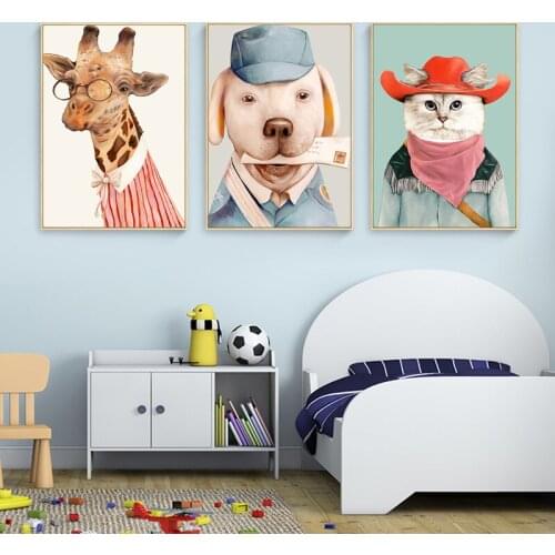 Canvas Print Cartoon Cat Dog Giraffe Deer Hedgehog Abstract Art Poster Nordic Animal Decorative Paintings for Childrens Room