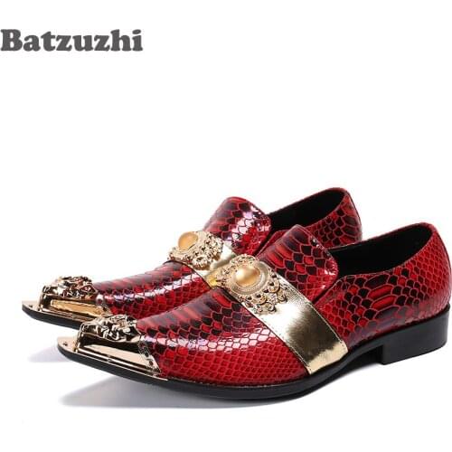 Batzuzhi Luxury Handmade Mens Shoes Gold Metal Toe Genuine Leather Dress Shoes Men Red Party and Wedding Zapatos Hombre, US6-12