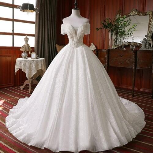 Sparkly Beading Neck Crystal Shiny Ball Gown Wedding Dresses Plus Size Robe Mariee V-neck Short Sleeve Bridal Gowns Alibaba