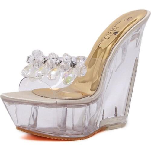 14CM Ultra-high Heels Crystal Platform Slippers Wedge Mules Transparente Summer Slides Women Sandals 2019 Wild Sexy Shoes Women