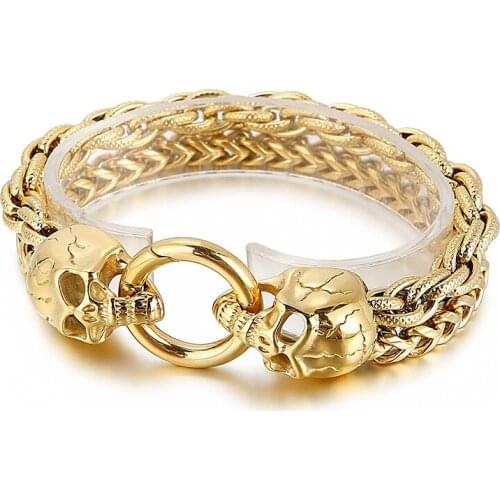 Christmas Gifts Punk Skull End Bangle Men’s Stainless Steel Double Franco and Curban Chain Bracelet 13mm 8.66'' 77g Weight