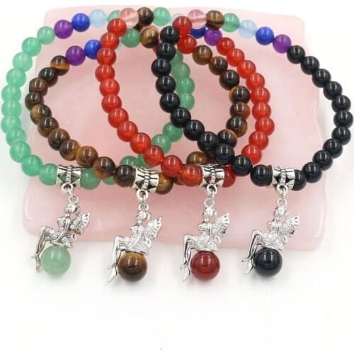 Natural Tiger Eye Chakra Charms Bracelet Natural Stone Angel Girl Bijoux Femme Bracelets Jewelry 6mm