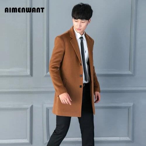 AIMENWANT Brand Korean Fashion Mens Woolen Coat Medium Length Single Breasted Brown Wool Trench Coats Male Fashion Causal Top