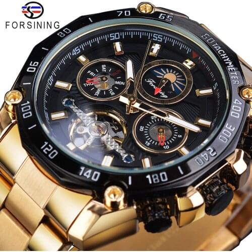 Forsining Golden Automatic Men Watches Tourbillon Mechanical Self Winding Moonphase Calendar Male Steel Band Clock Reloj Hombre