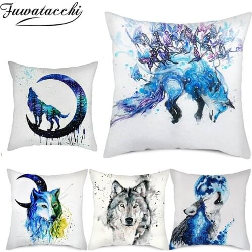Fuwatacchi Abstract Painting Animal Pillow Cover Majestic Wolf Photo Cushion Covers for Home Sofa Decorative Pillowcases 45x45cm