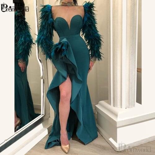 Elegant Muslim Evening Dresses 2020 Mermaid Long Sleeves Prom Slit Feather Islamic Dubai Sweetheart Sexy Formal Evening Gowns