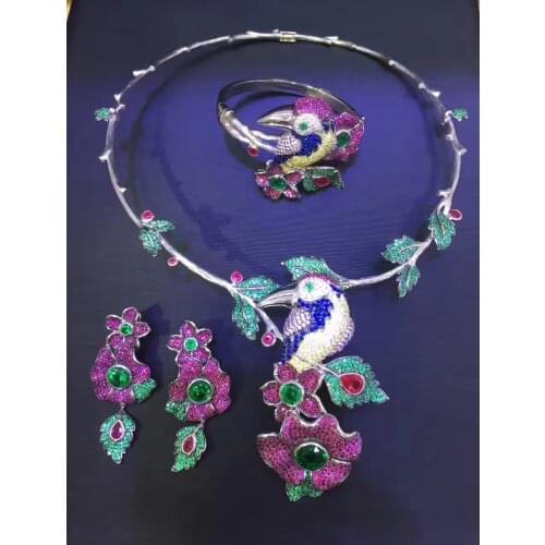925 sterling silver with cubic zircon bird and flower jewelry set necklace bracelet and earring fine women jewelry