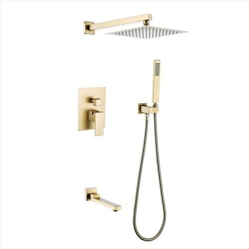 Brass Brushed Gold Square Rain Shower Set Faucet Wall Mounted Shower Arm Diverter Mixer Tap Handheld Spray Set