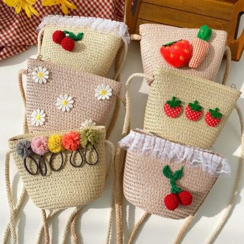 2021 New Children Picnic Lovely Shoulder Bag Lovely Portable Cute Straw Messenger Pouch with Zipper for Shopping Camping