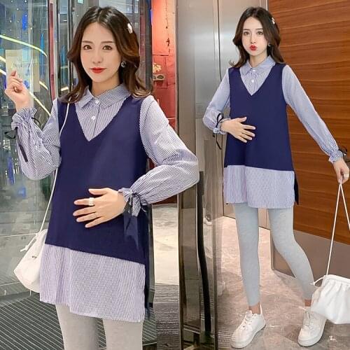 8818# Maternity Clothes Spring Autumn Cotton False Two-piece Loose Stylish Dress for Pregnant Women Mom Dress