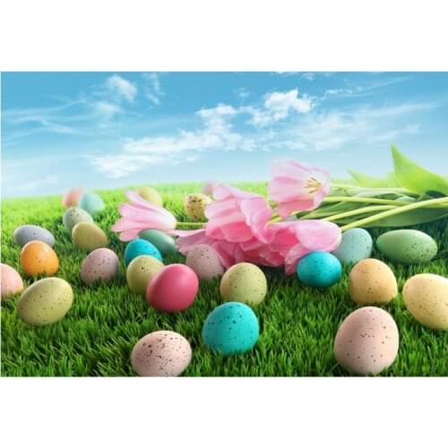 Easter Egg Spring Grassland Flower Backgrounds for Photo Studio Computer Printed Vinyl Photography Backdrop for Wedding Children