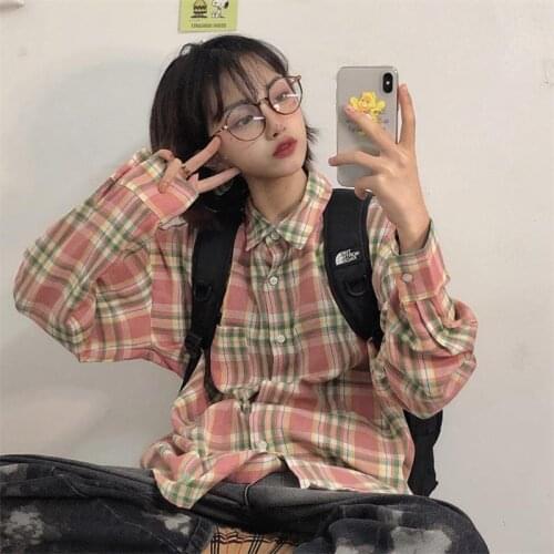 Womens Shirts Ulzzang Japanese Kawaii Ladies Vintage Casual Loose Lazy Plaid Shirt Female Korean Harajuku Clothes For Women