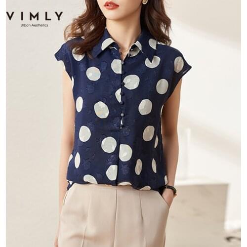 VIMLY New Summer Women Shirts Elegant Button Up Shirt Short Sleeve Casual Dot Blouse Ladies Vintage Blusas Female Tops F7502
