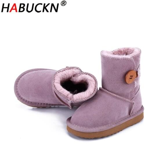 HABUCKN 2020 Fashion Australian Wooden buckle Genuine Leather kids Winter Snow Boots For children Warm Winter Pretty cute dusk