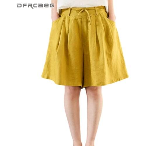 Candy Color Loose Linen Womens Wide Leg Shorts Half 2020 Casual Elastic Waist Drawstring Summer Bermuda Shorts Femeninas