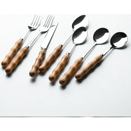 Retro Silverware Stainless Steel Tableware Wood Handle Dinnerware Spoon Fork Knife Scoop Food Shooting Photography Props