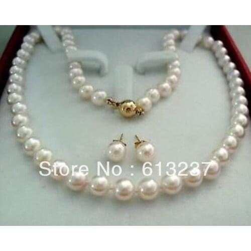 Charms 8-9MM White Freshwater Cultured Pearl Round Beads Necklace Earrings Gold-color Clasp Jewelry Making 18inch MY4582