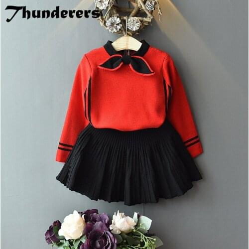 Thunderers Knitting Children 2pcs Outfits Long Sleeve Bow Sweeater With Pleated Skirt Autumn Winter Elegant Girl Clothes Suit