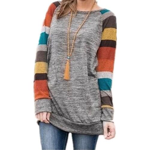 2019 New Arrivals Spring Womens Colorful Stripes Raglan Long Sleeve Loose Knit Cotton Tunic T-shirt Crew Neck Casual Fit Tops