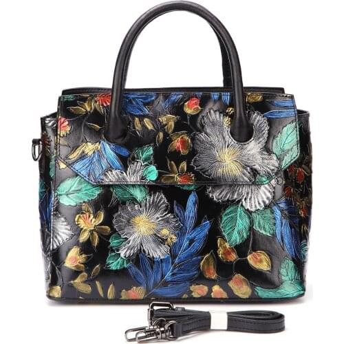 Aequeen Vintage Women Genuine Leather Handbag Travel Female Shoulder Bags Ladies Casual Handle Bag Printing Flower Crossbody New