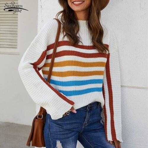 Autumn 2020 Womens New Striped Short High Waist Loose Lazy Sweater Pull Femme Round Neck Pullover Sweaters Women Invierno 11756