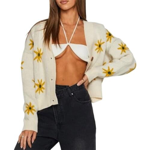 Autumn Womens Sweater Cardigan Floral Single-breasted Long Sleeve Knitwear Loose Casual Ladies Knitted Jacket Coat Sweater