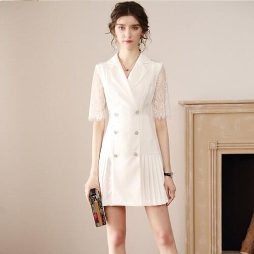 Elegant Notched Collar White Dress For Women Summer New Diamond Double-breasted Stitching Lace Short Sleeve Office Pleated Dress