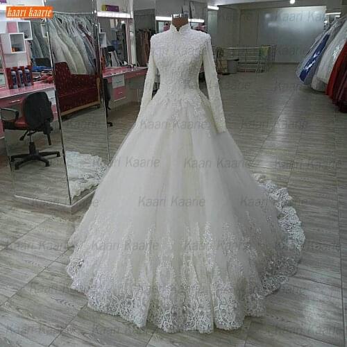 Arab White Wedding Gown Long Sleeves Actual Images vestido novia 2021 Lace Up Appliqus Bridal Dresses Customized Robe De Mariage