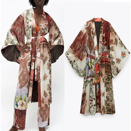 Summer Print Kimono Woman Dress Za 2021 Vintage Long Sleeve Flowy Long Kimono Tied Belt Casual Loose Beach Vacation Women Dress