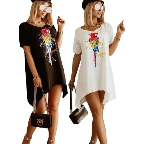 2021 Summer 90s Loose T-Shirt Top New Pattern Black Printing One-Piece Dress Fashion Leisure Time Easy Irregular Casual Dress