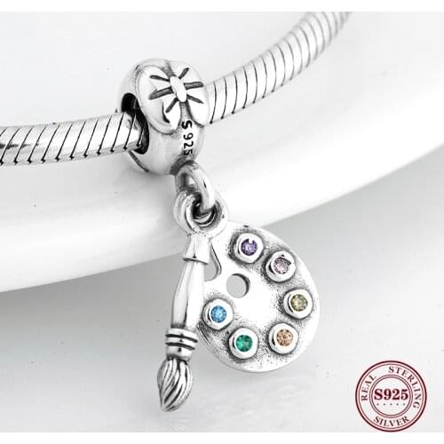 High Quality 925 Sterling Silver Colorful CZ Brush Palette Pendants Beads Fit Original Charm Bracelet Jewelry DIY Making