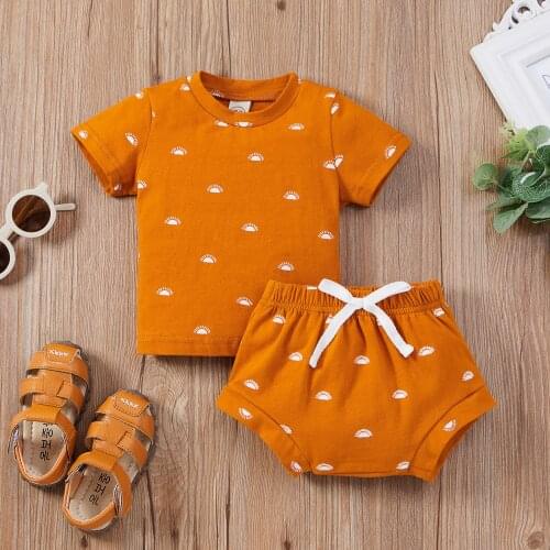 Summer Children Casual Two-piece Clothes Outfit Orange Printed Pattern Short Sleeve Round Collar Tops and Shorts Set