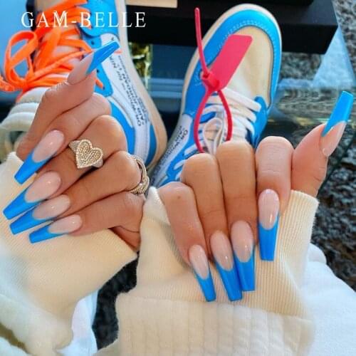 GAM-BELLE 24Pcs Professional Long Ballerina Fake Nails Blue Half French Press On Nails Acrylic Nail Tips Manicure Beauty Tools